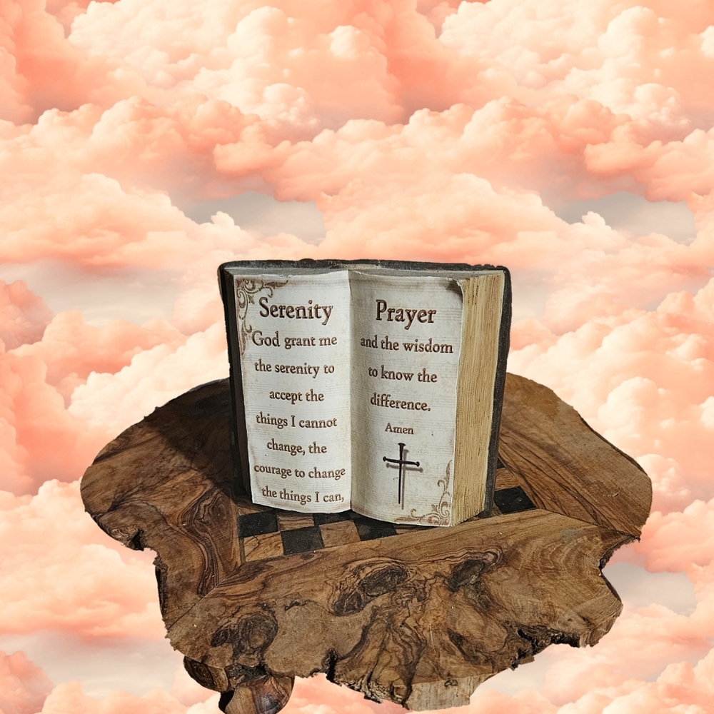 Antiqued Style Carved Resin Book Quoting Inspirational Serenity Prayer Verse